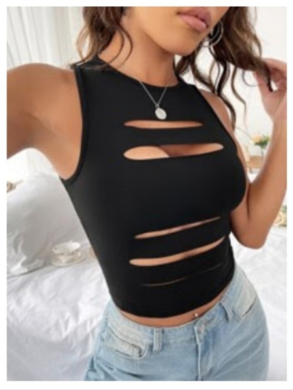 🖤 Stretchy Cut Out Slit Crop Tank Juniors L